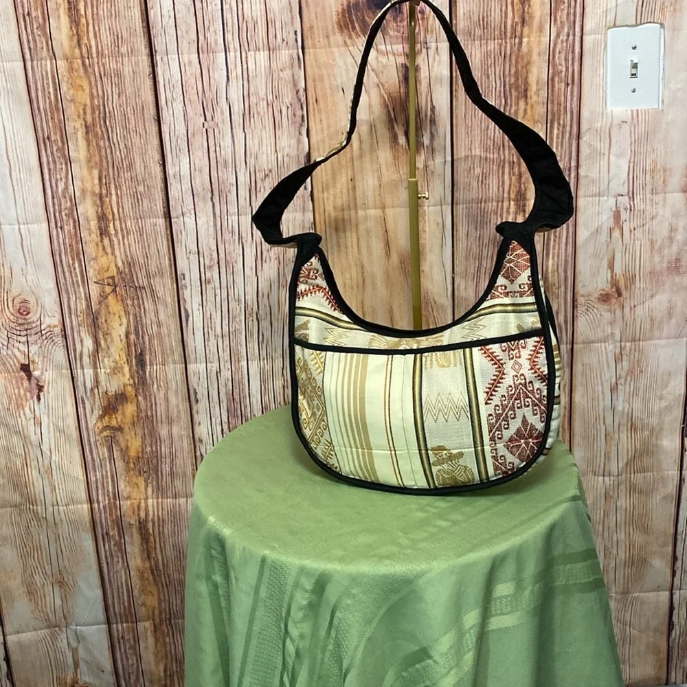 Aztec Cream and Tan Tote Bag with Elegant Embroidered Designs Travel Vacation